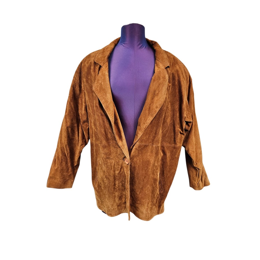 Vintage Premiere Editions Camel Suede Leather Jacket Womens Medium Single Button - Picture 2 of 10